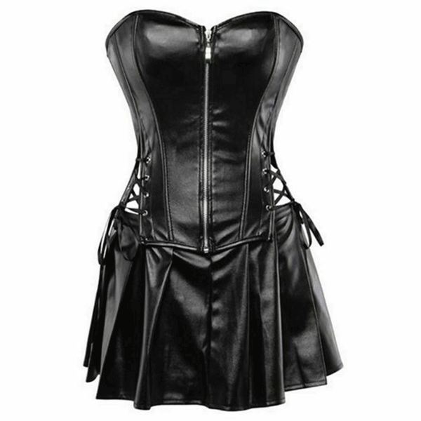 Women Real Black Leather Corset Dress Gothic Punk Zipper Corset With Skirt