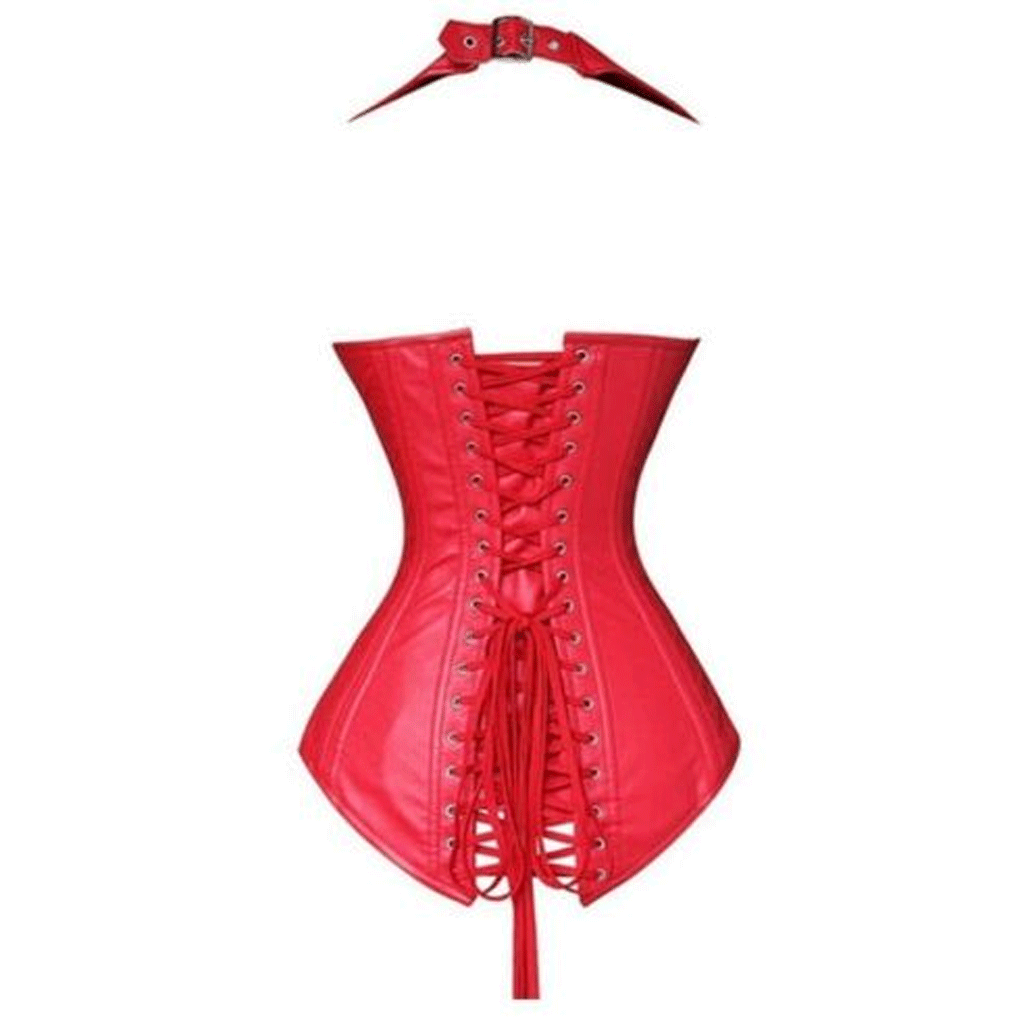 Women Genuine Leather Corset Gothic Sleeveless Backless Turn Down Collar Lace Up - Luxurena Leather
