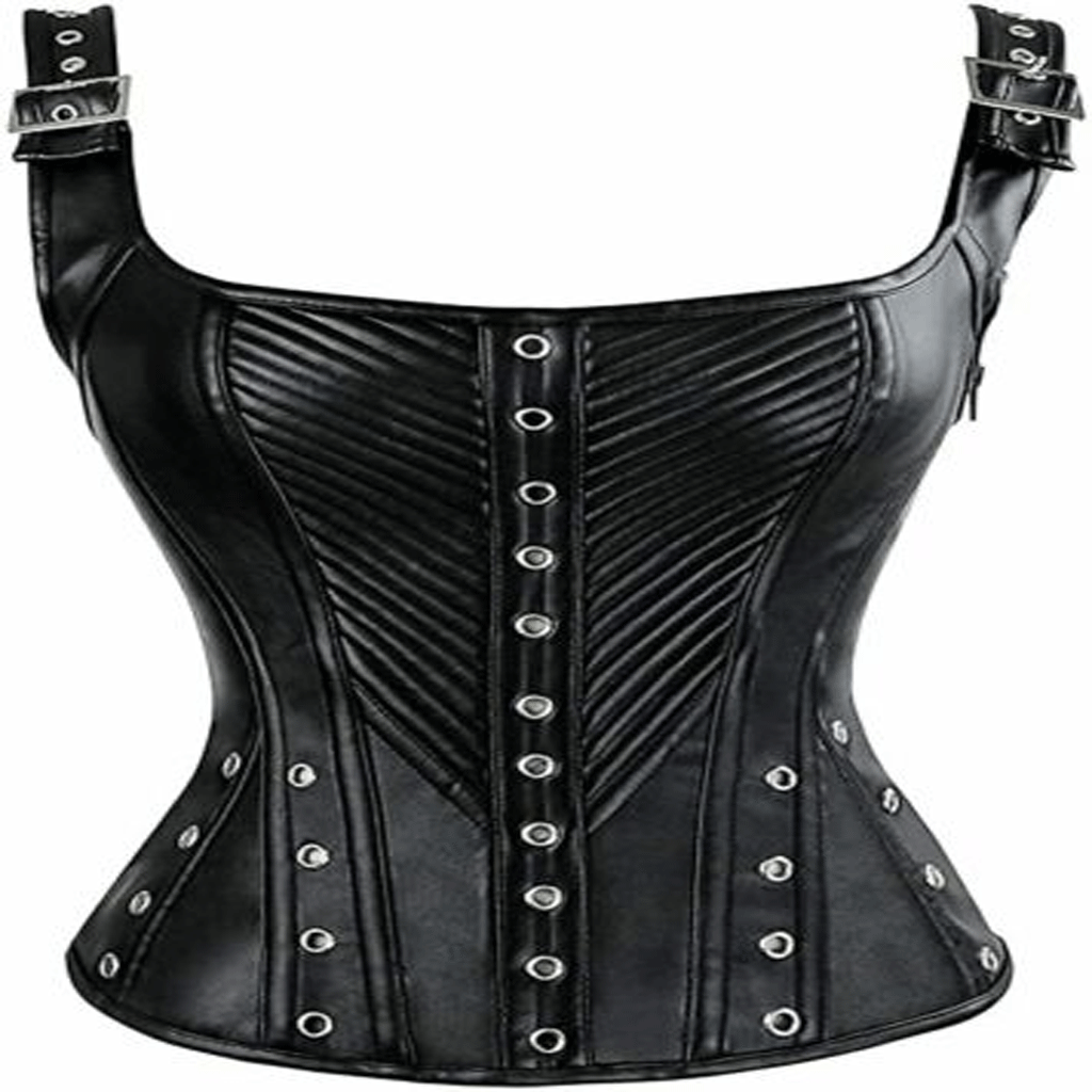 Womens Leather Top Halter Steel Boned Vest Steampunk Black Top Buckle up Corset - Luxurena Leather