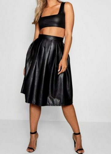 Women's Genuine Leather Skirt Sexy High Waist Pleated Bohoo Style Flared Black
