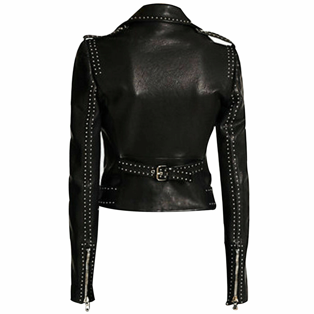 Black Motor biker Genuine Leather Women's Jacket With Silver Studs Slim Fit-Luxurena Leather