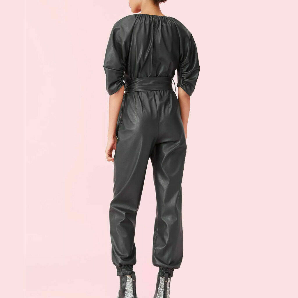 Women Genuine Leather Jumpsuit Black Real Leather Romper Belted Stylish - Luxurena Leather