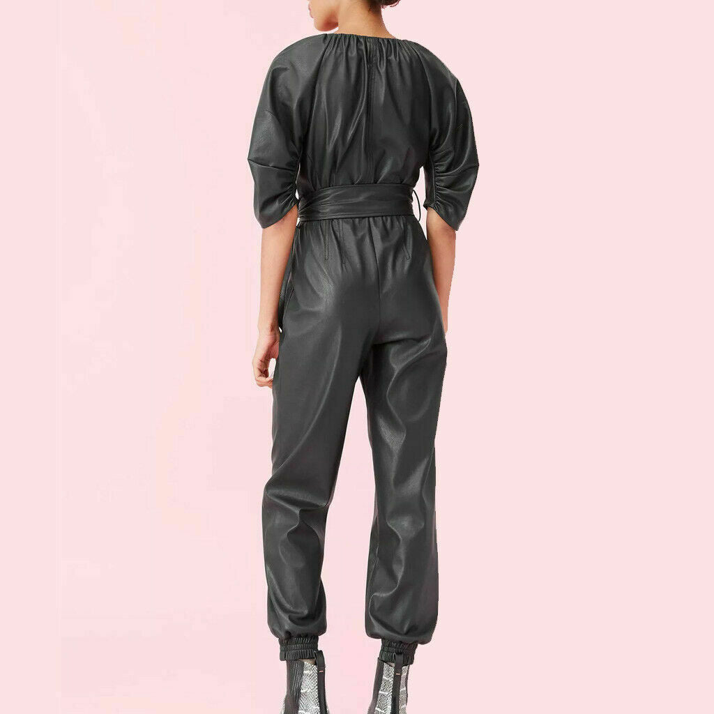 Women Genuine Leather Jumpsuit Black Real Leather Romper Belted Stylis