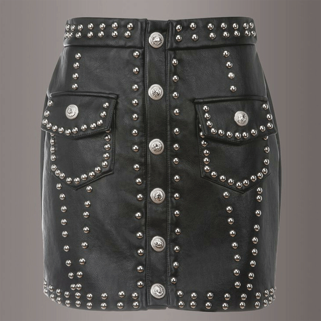 WOMEN LEATHER SKIRT STEAMPUNK MINI SKIRT STUDS BLACK LEATHER GOTHIC SKIRT - Luxurena Leather