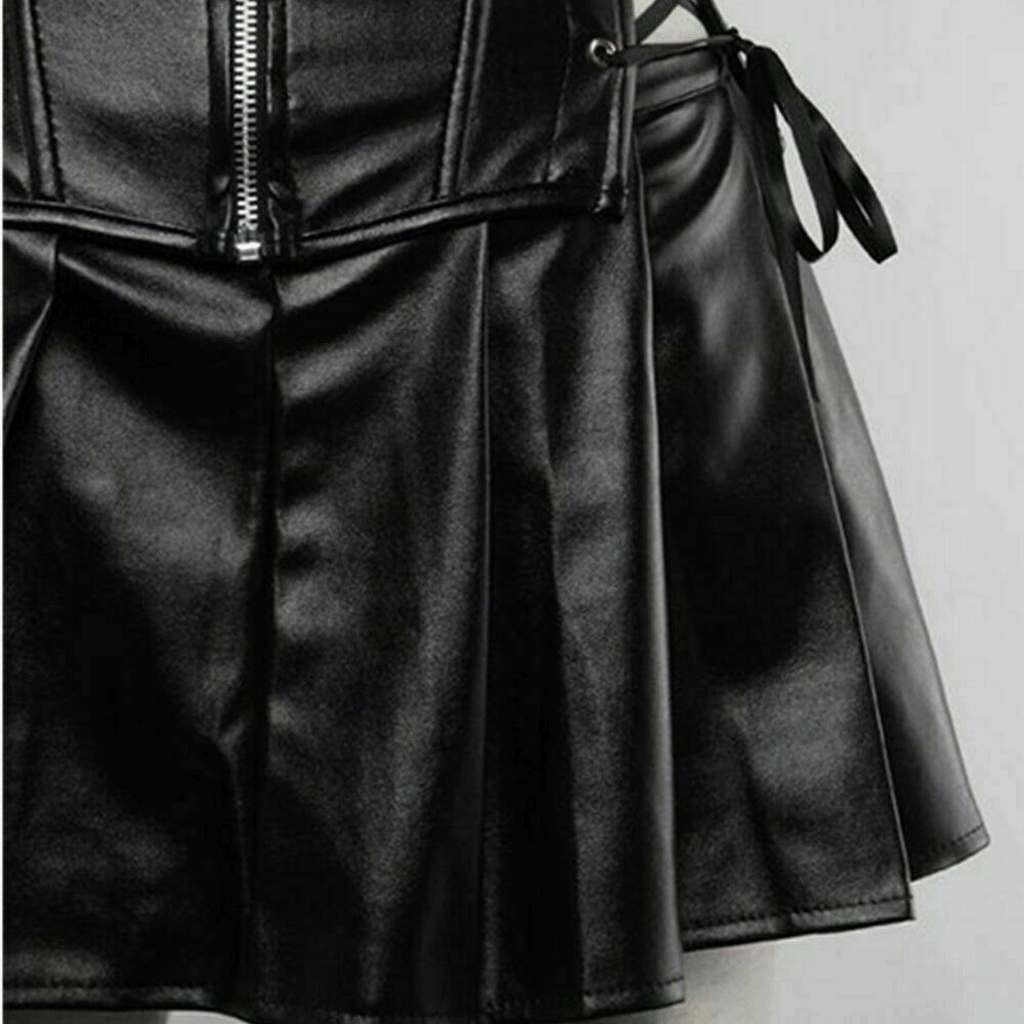 Women Real Black Leather Corset Dress Gothic Punk Zipper Corset With Skirt - Luxurena Leather