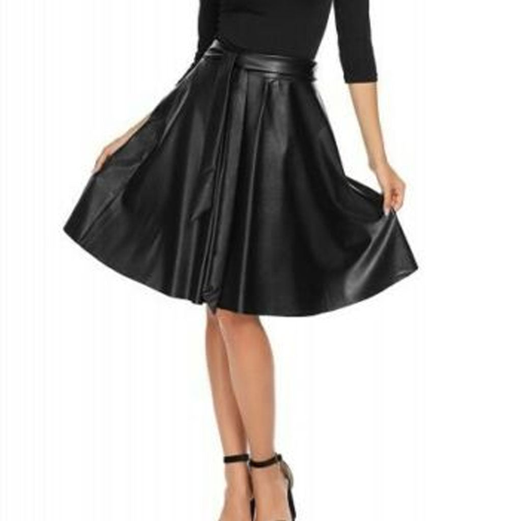 High Waist Women's Leather Skirt Flared Pleated With Belt - Luxurena Leather