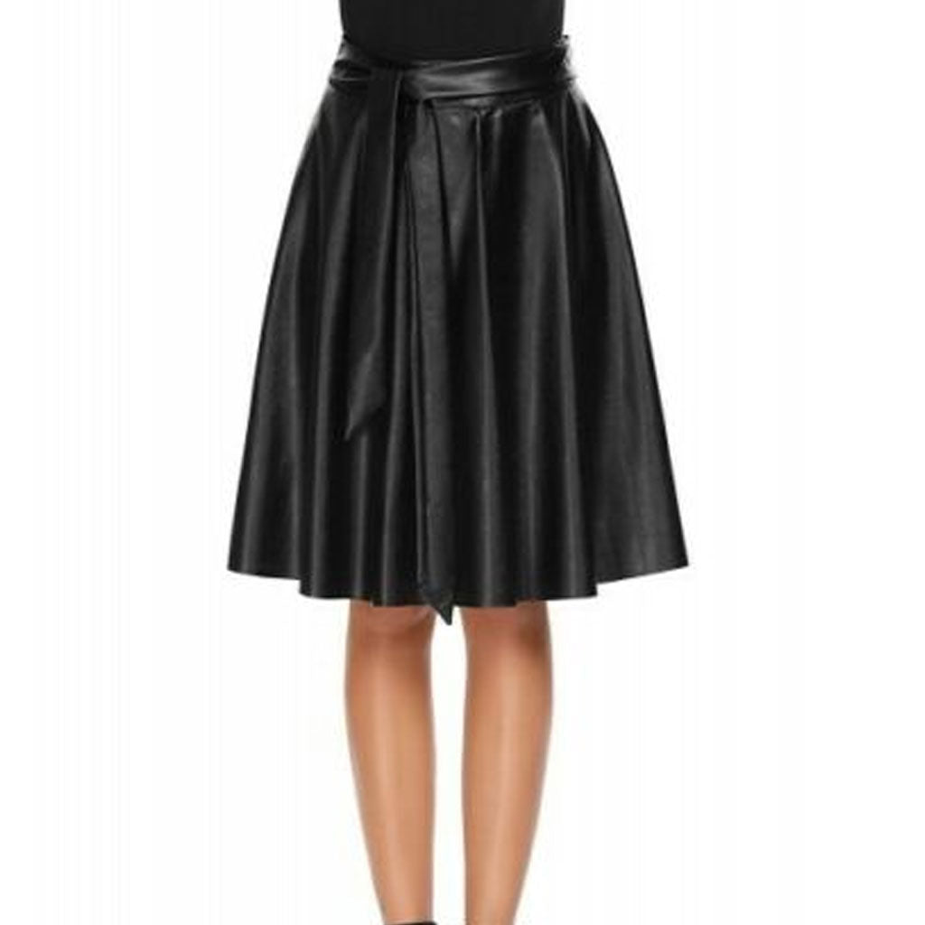 High Waist Women's Leather Skirt Flared Pleated With Belt - Luxurena Leather