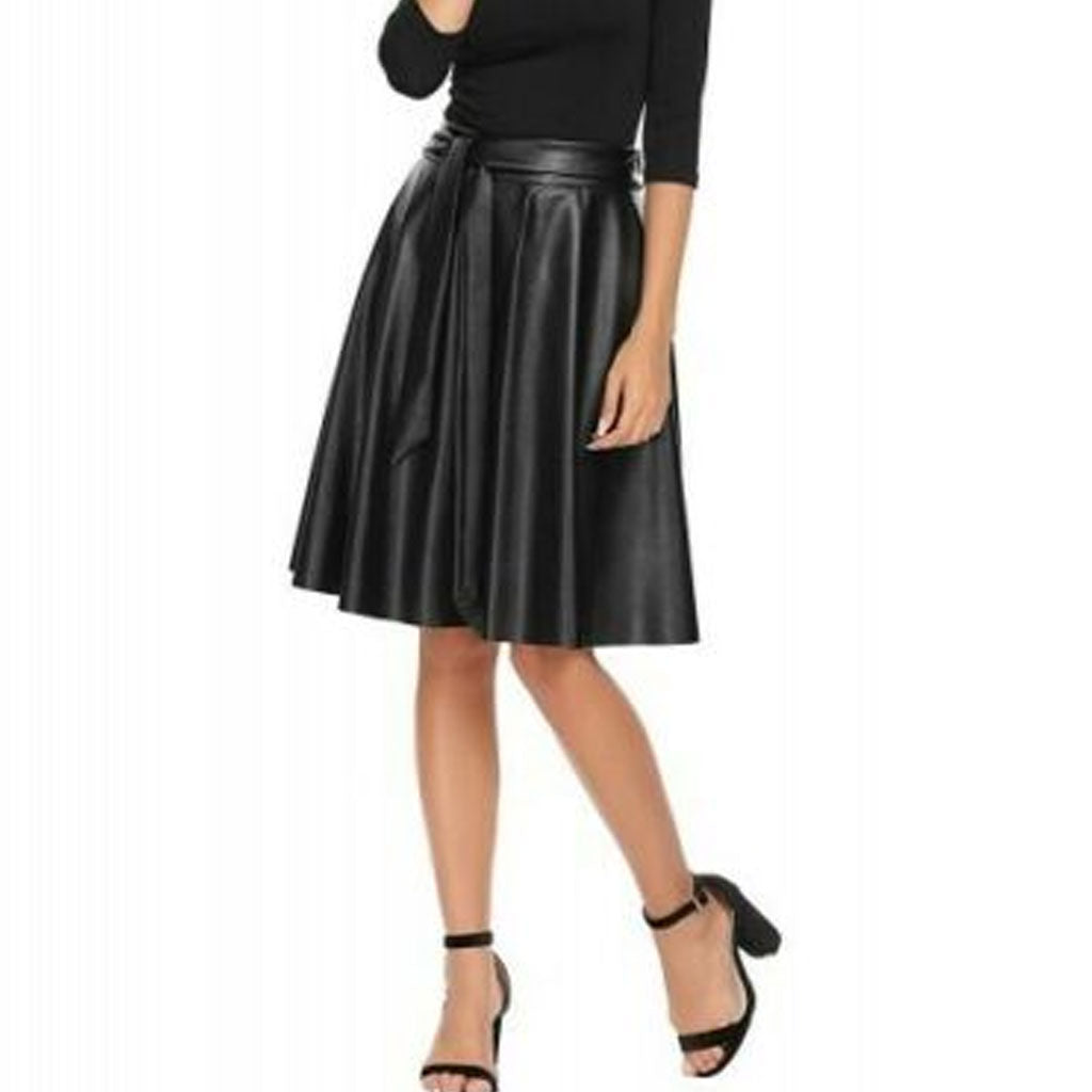High Waist Women's Leather Skirt Flared Pleated With Belt - Luxurena Leather