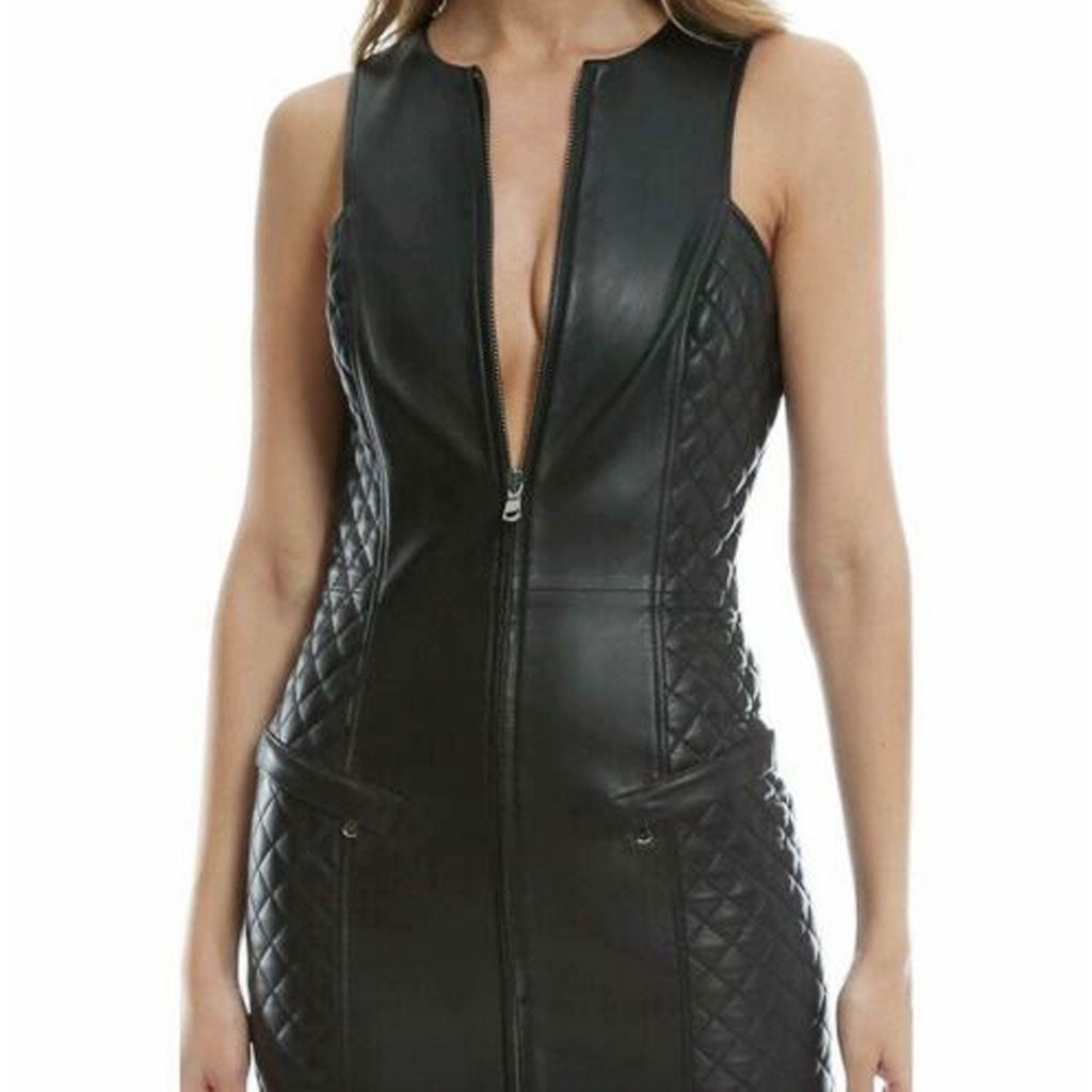 Leather Quilted Dress Mini Zip Front Sleeveless Bodycon Lender Dress - Luxurena Leather
