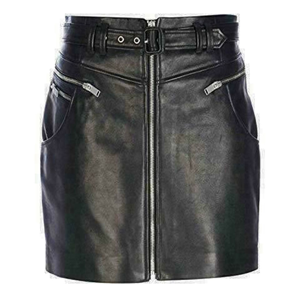 Luxury Genuine Leather Lady Women Upper Knee Skirt Front Zippers & pockets - Luxurena Leather