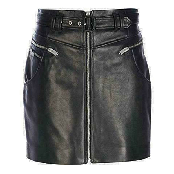 Women's Luxury Genuine Leather Lady Women Upper Knee Skirt Front Zippers & pockets