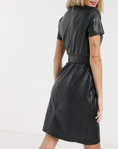 Women Genuine Leather Black Dress Short Bodycon High Waist With Belt Wrap Dress - Luxurena Leather