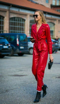 Women Genuine Leather Catsuit Jumpsuit Red High Waist With Belt Leather Overall - Luxurena Leather
