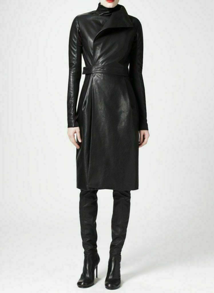 New Women Genuine Leather Jacket Dress Overall Leather High Neck & Attached Belt - Luxurena Leather