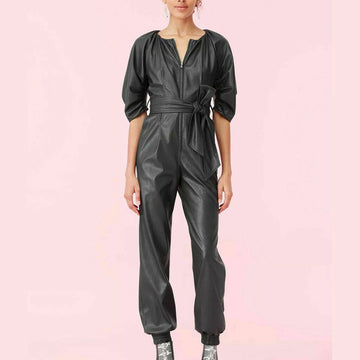 Women Genuine Leather Jumpsuit Black Real Leather Romper Belted Stylish - Luxurena Leather
