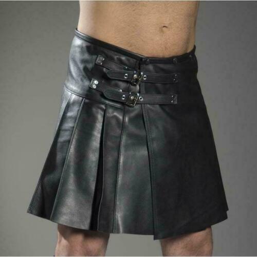 Men's Gladiator Kilt Front Buckle Flared Raw Edge Lined New Genuine Leather Man