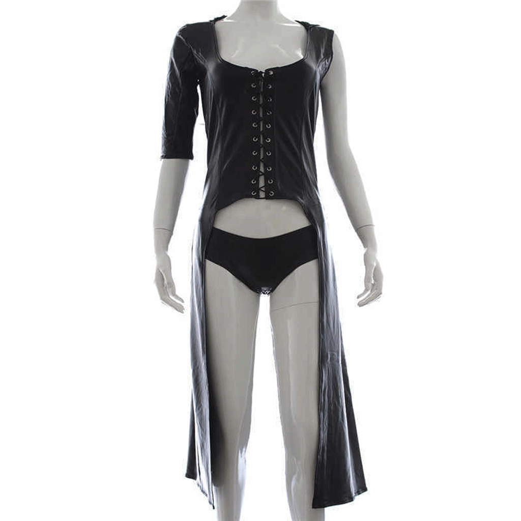 Women Black Leather Lingerie Long Coat BDSM Fetish Long Crop Single Sleeve Dress - Luxurena Leather