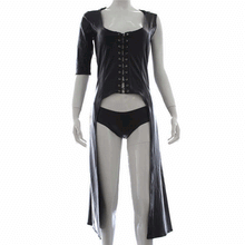 Women Black Leather Lingerie Long Coat BDSM Fetish Long Crop Single Sleeve Dress - Luxurena Leather