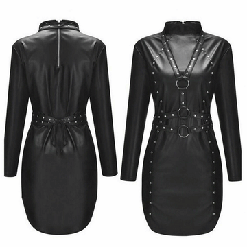 Real leather women Dress Long Sleeves Rivets Straps Leather Bodycon Dress - Luxurena Leather