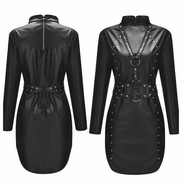 Women's Real leather women Dress Long Sleeves Rivets Straps Leather Bodycon Dress