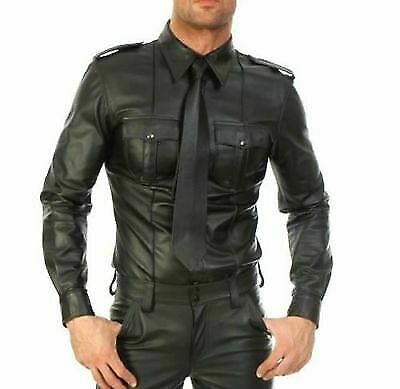 POLICE MILITARY STYLE BLUF FULL SLEEVES MEN'S REAL BLACK LEATHER SHIRT - Luxurena Leather