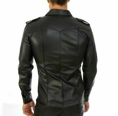 POLICE MILITARY STYLE BLUF FULL SLEEVES MEN'S REAL BLACK LEATHER SHIRT - Luxurena Leather