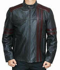 Burgundy Wine Stripe Men's Black Cafe Racer Fashionable Leather Jacket-Luxurena Leather