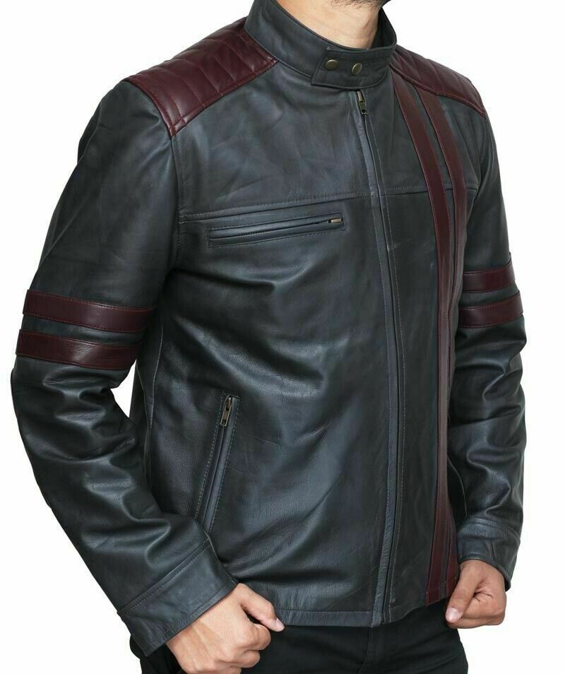 Burgundy Wine Stripe Men's Black Cafe Racer Fashionable Leather Jacket-Luxurena Leather