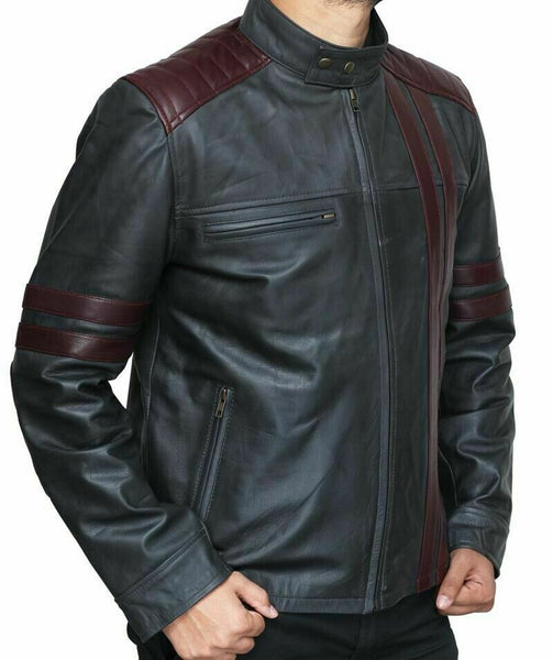 Men's Burgundy Wine Stripe Men's Black Cafe Racer Fashionable Leather Jacket
