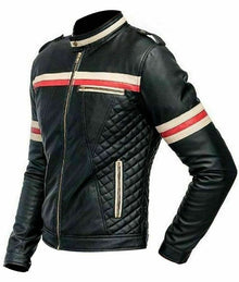 Cafe Racer Vintage Striped Men's Motorcycle Real Leather Jacket-Luxurena Leather