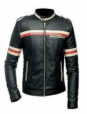 Cafe Racer Vintage Striped Men's Motorcycle Real Leather Jacket-Luxurena Leather