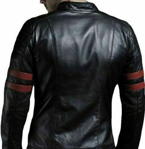 Men's Fight Club Retro Hybrid Mayhem Red Stripe Motorcycle Black Leather Jacket-Luxurena Leather