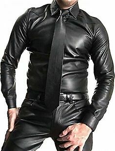 Men's Full Long Sleeves With Classic Cuffs Real Leather Shirt-Luxurena Leather