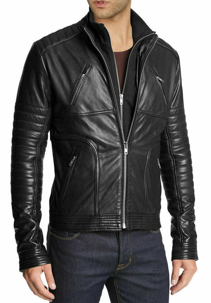 Men's Genuine Leather Slim Fit Motorcycle Biker Black Jacket