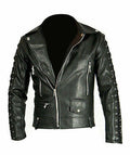 Men's Real Leather Bikers Laces Up Jacket Cowhide Leather Bikers Jacket Black - Luxurena Leather