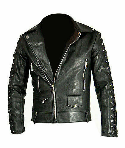 Men's Real Leather Bikers Laces Up Jacket Cowhide Leather Bikers Jacket Black - Luxurena Leather