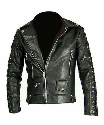 Men's Real Leather Bikers Laces Up Jacket Cowhide Leather Bikers Jacket Black - Luxurena Leather