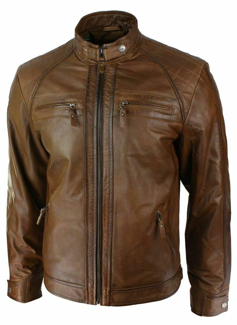 Retro Style Zipped Biker Men's Real Leather Soft Brown Casual Jacket - Luxurena Leather