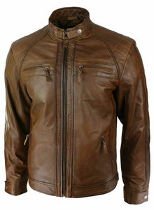 Retro Style Zipped Biker Men's Real Leather Soft Brown Casual Jacket - Luxurena Leather