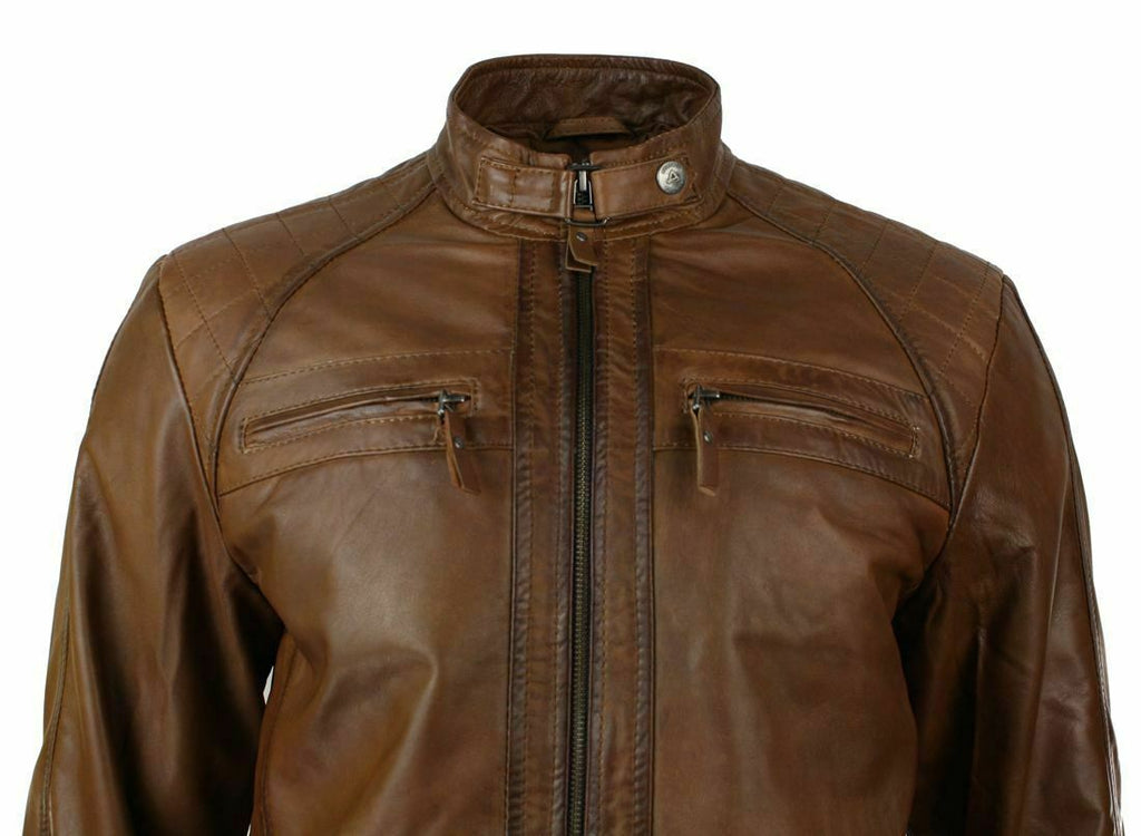 Retro Style Zipped Biker Men's Real Leather Soft Brown Casual Jacket - Luxurena Leather