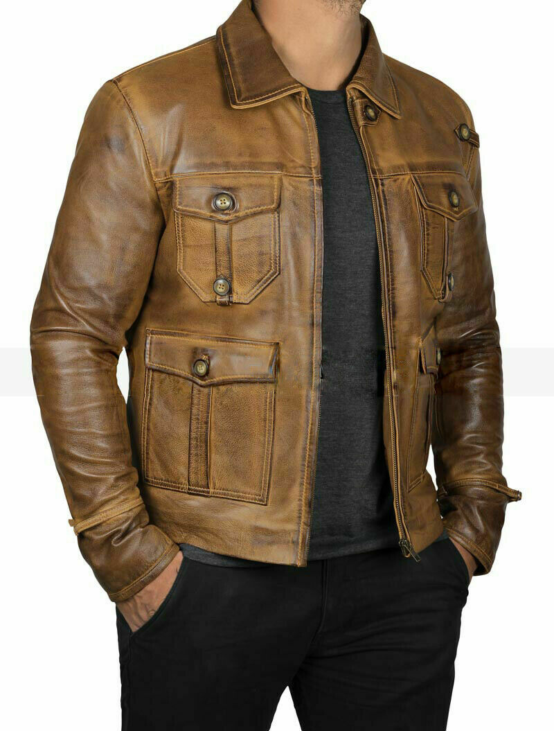 Motorcycle Vintage Four Pocket Brown Cowhide Leather Jacket for Men-Luxurena Leather