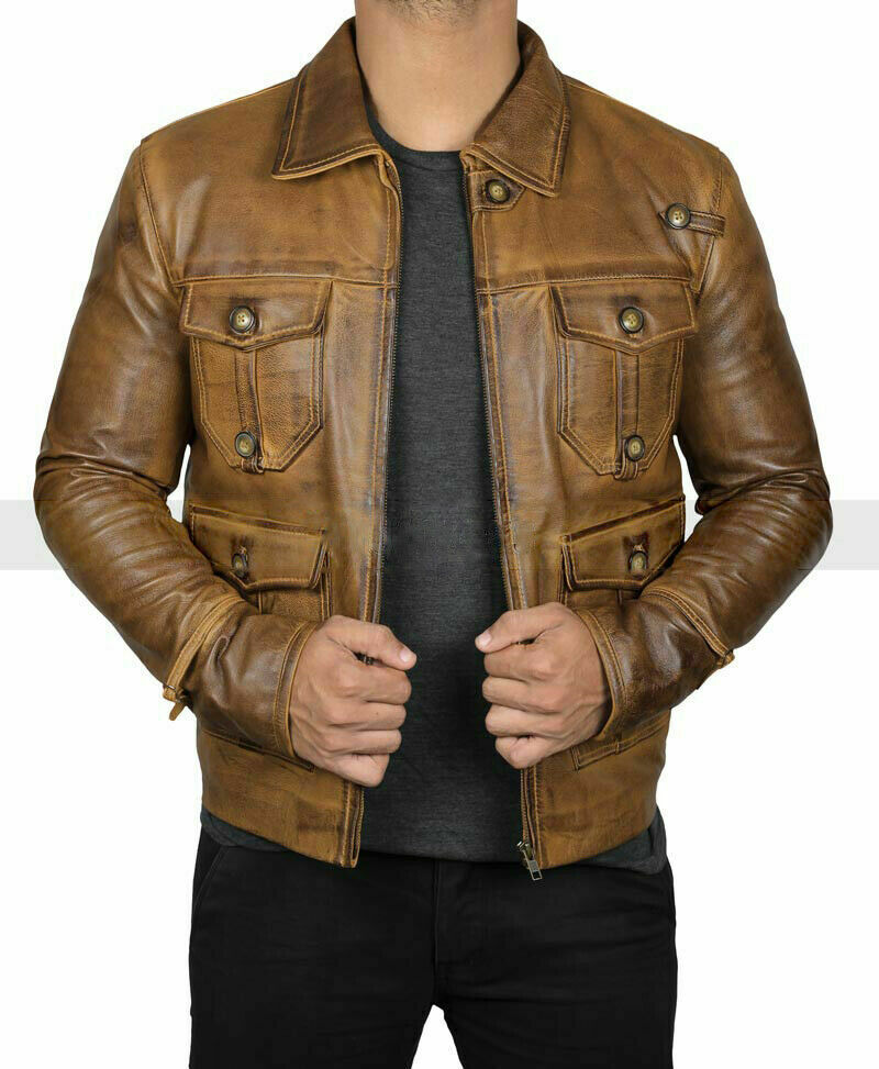 Motorcycle Vintage Four Pocket Brown Cowhide Leather Jacket for Men-Luxurena Leather