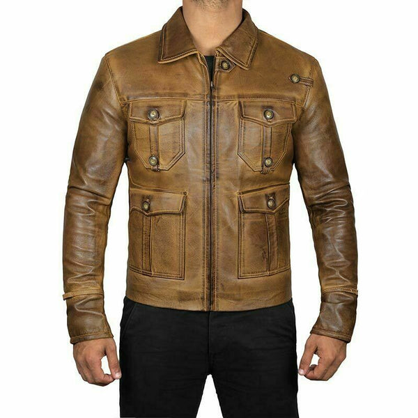 Men's Four Pocket Brown Cowhide Motorcycle Vintage Leather Jacket for Men