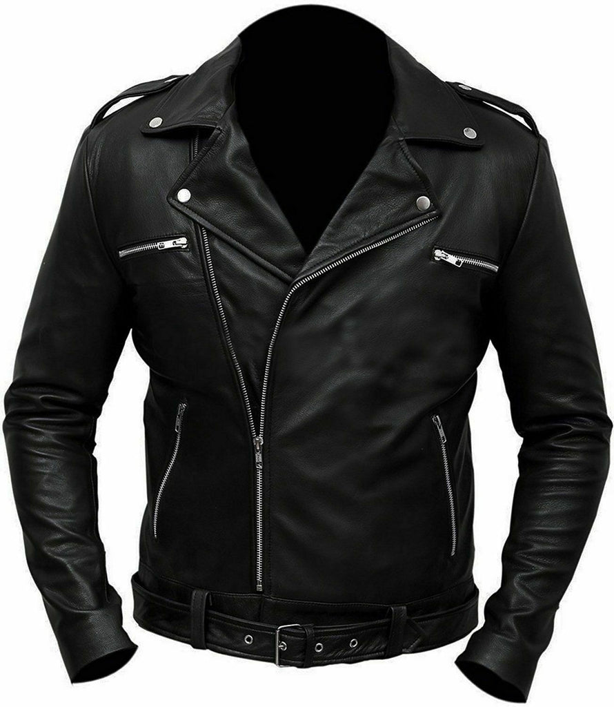 Men's Genuine Leather Negan Walking Dead S7 Jeffrey Dean Morgan Motorcycle Biker Black Jacket - Luxurena Leather