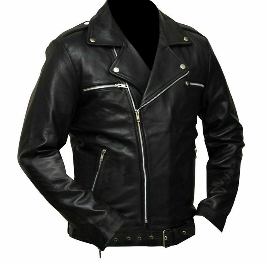 Men's Genuine Leather Negan Walking Dead S7 Jeffrey Dean Morgan Motorcycle Biker Black Jacket - Luxurena Leather
