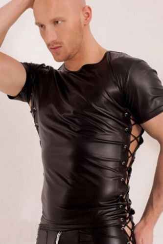 New Sexy Men's Black Genuine Leather Short Sleeve Undershirt Tank Top - Luxurena Leather