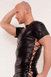 New Sexy Men's Black Genuine Leather Short Sleeve Undershirt Tank Top - Luxurena Leather