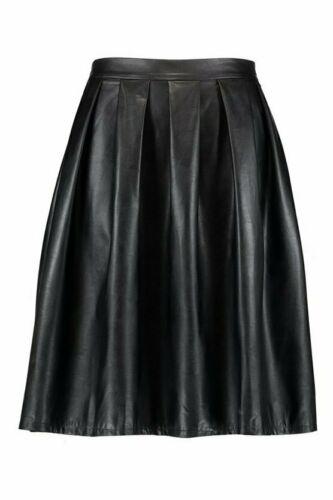 New Women Genuine Leather Skirt Sexy High Waist Pleated Bohoo Style Flared Black - Luxurena Leather