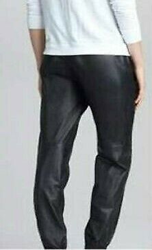 Women Genuine Leather Sweat Pants Jogger Black Slashed Pockets Elastic Waist Gym - Luxurena Leather