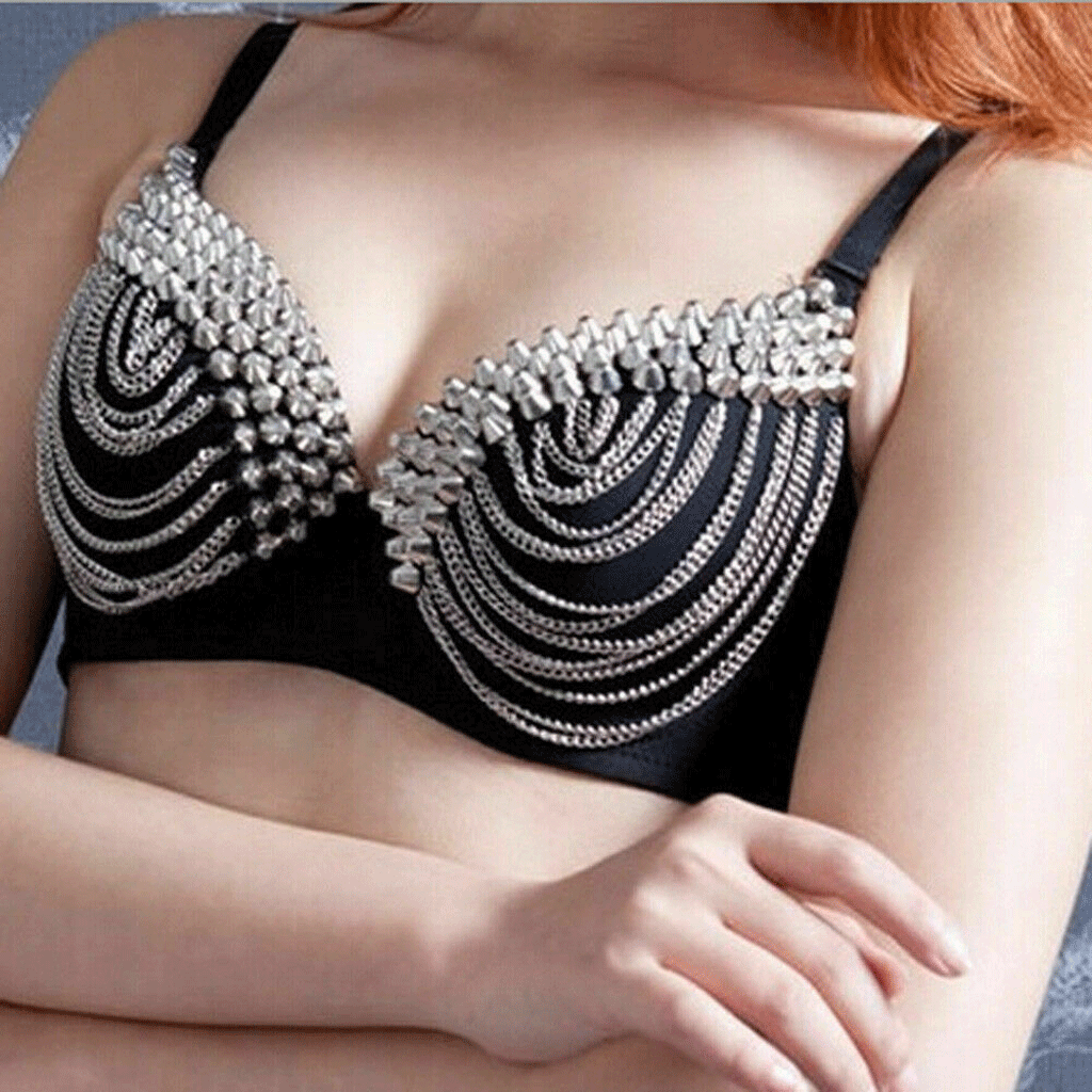 Party Nightclub Seamless Punk Lady Goth Silver Studded Bra - Luxurena Leather